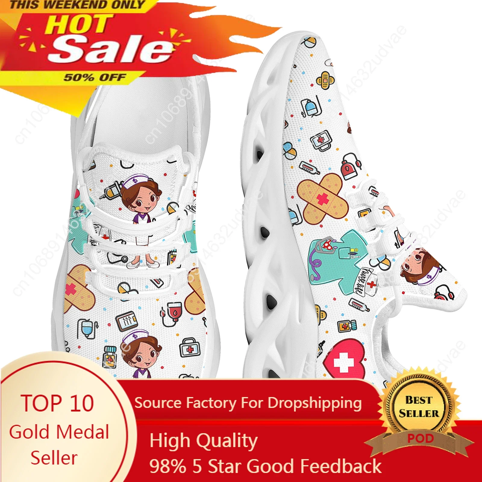 Cute Nurse Print Medical Supplies Pattern Women's Mesh Sneakers Casual Running Shoes for Female Light Nurse Footwear