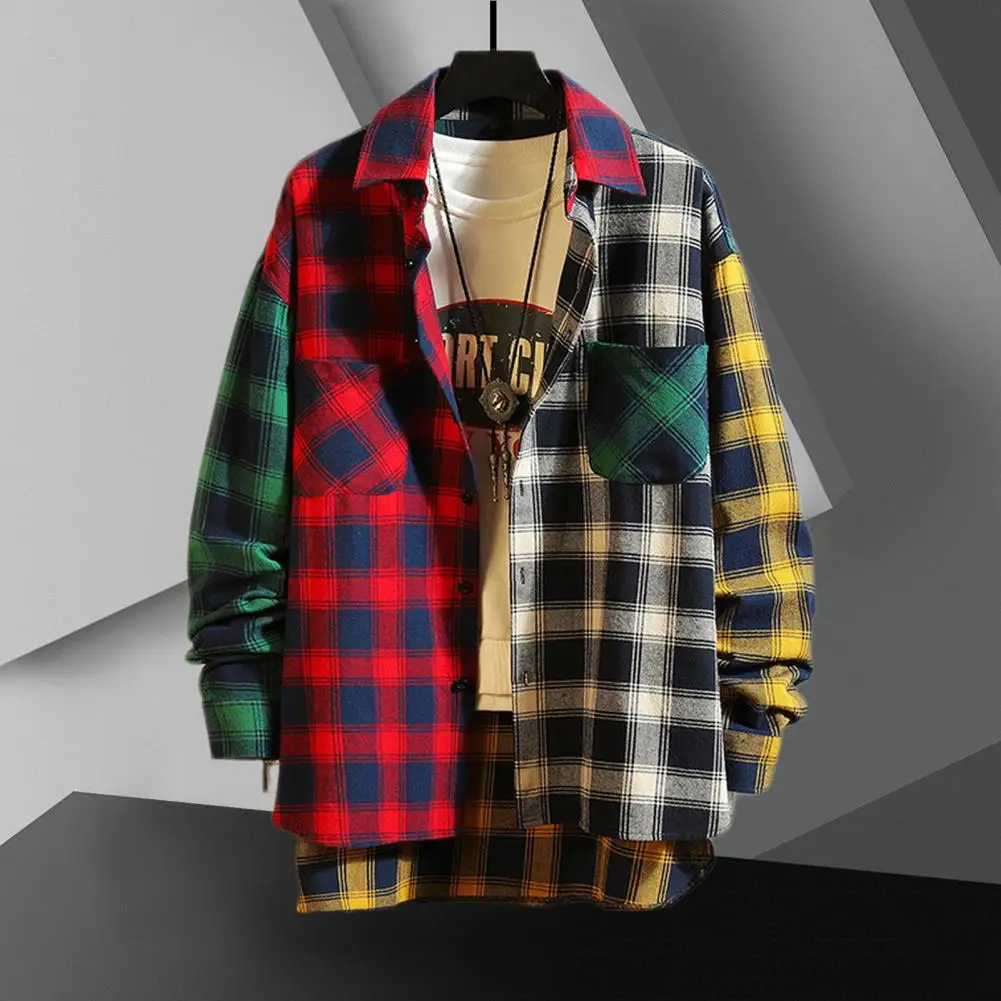 メンズカラフルな長袖チェック柄シャツ、ラペル、シングルブレスト、カラーブロック、ストリートウェア、春