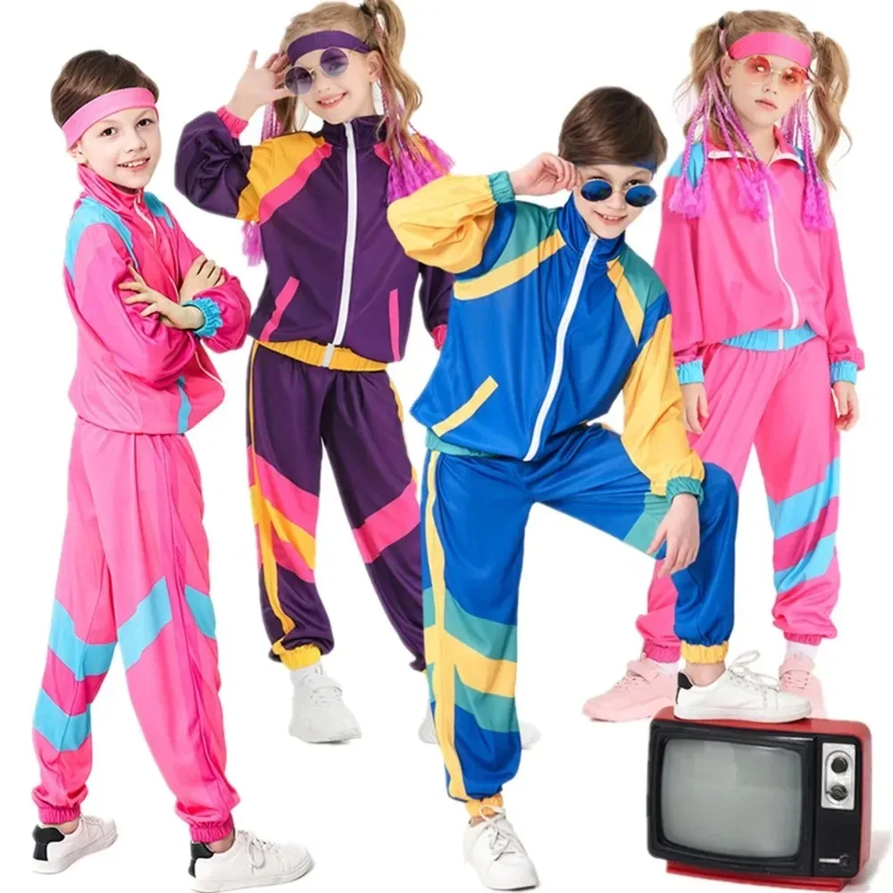 

Children Carnival Hippie Cosplay Vintage Party 70s 80s Rock Disco Outfits Stage Performance Baseball Suit Kids Halloween Costume