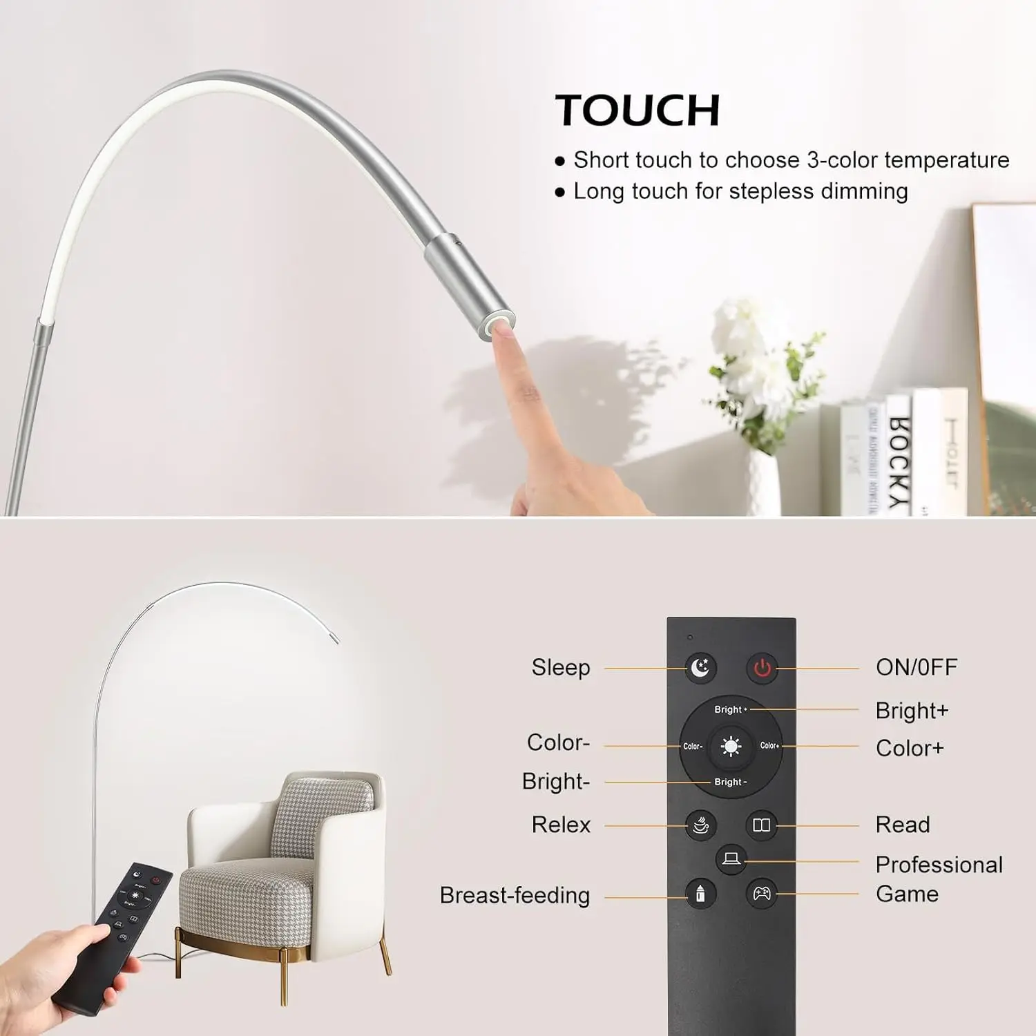 LED Arc Floor Lamp for Living Room, Silver Modern Standing Lamp With Remote Control, 3 Color Temperature Reading Floor Lamp