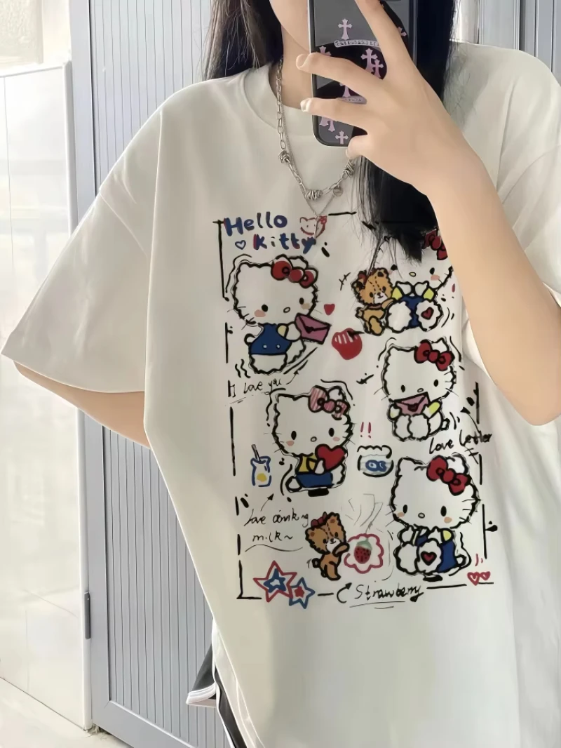 

MINISO Hello Kitty Short Sleeve T-Shirt Women 2025 Summer New College Style Cute Loose Sanrio Unisex Top Harajuku Korean Style T