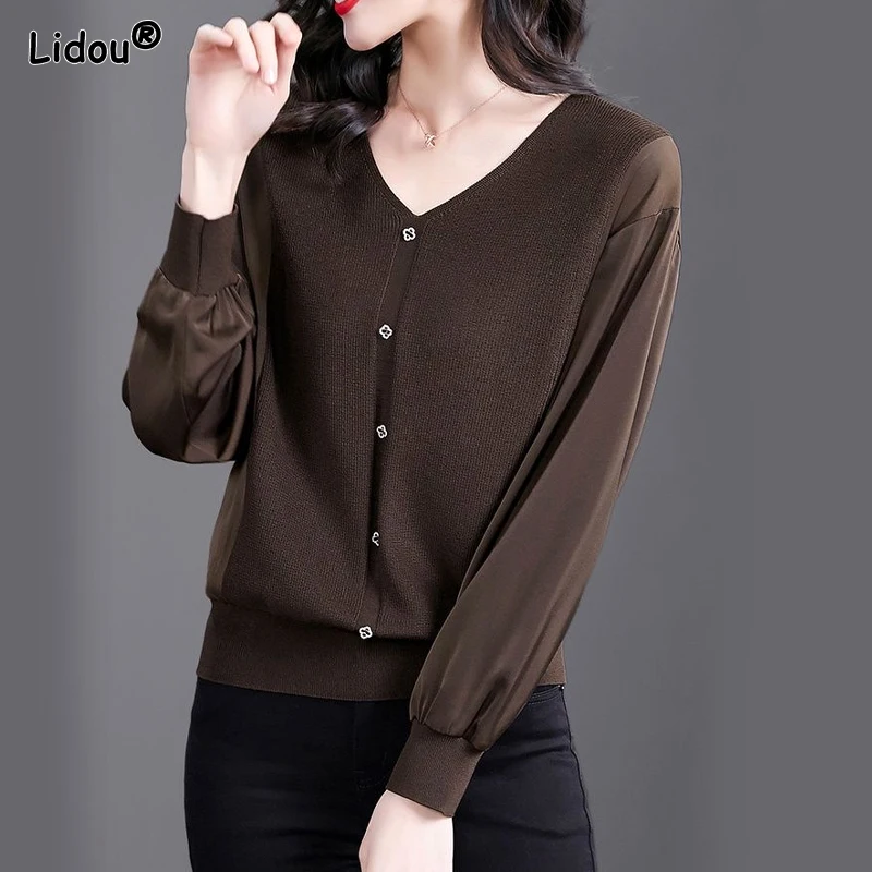 

2023 Spring and Autumn Simple Commuting Elegance High End V-neck Solid Casual Loose Oversize Long Sleeved Women's Knitwear