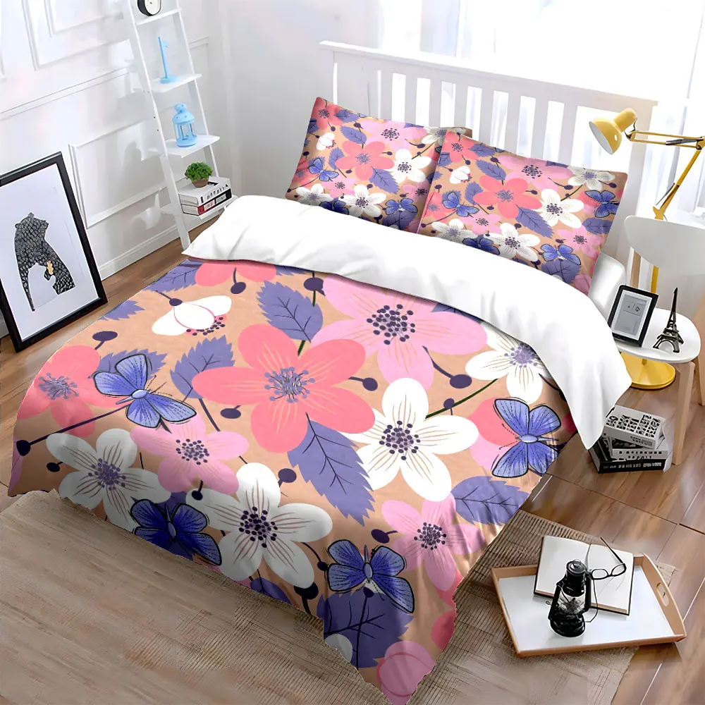 Colorful flowers and blue butterflies Pattern Duvet Cover Set Digital Print Colorful Polyester Bedding with Zipper Closur
