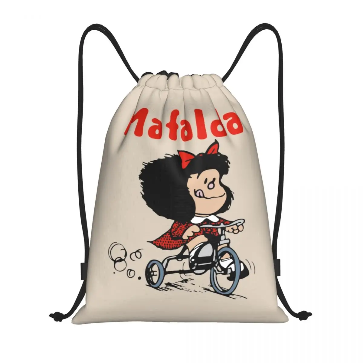 Mafalda Bicycle 3 Wheels Drawstring Bag Women Men Portable Gym Sports Sackpack Quino Manga Cartoon Shopping Backpacks