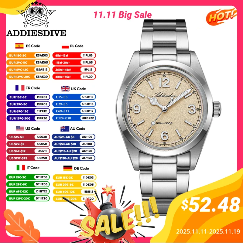 

ADDIESDIVE 36mm Quartz Watches VH31 AR Coated Waterproof 10Bar Men's Watch Retro BGW9/C3 Luminous Steel AD2518 Reloj Hombre ﻿