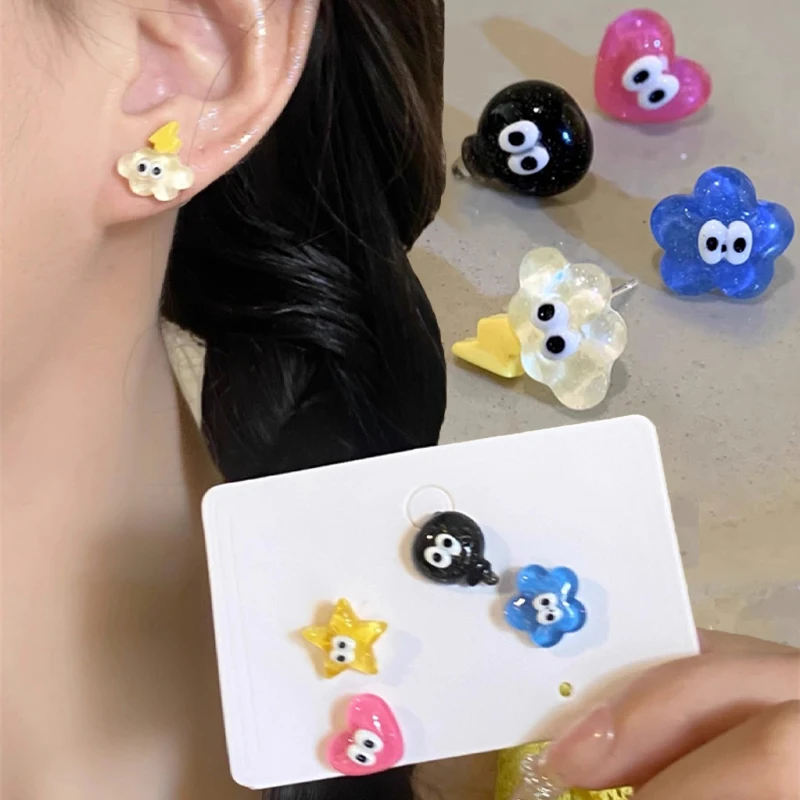 5pcs Cartoon Color Monster Star Earrings Set Y2K Korean Trendy Resin Ear Studs Cute Sweet Mini Asymmetric Jewelry Gifts