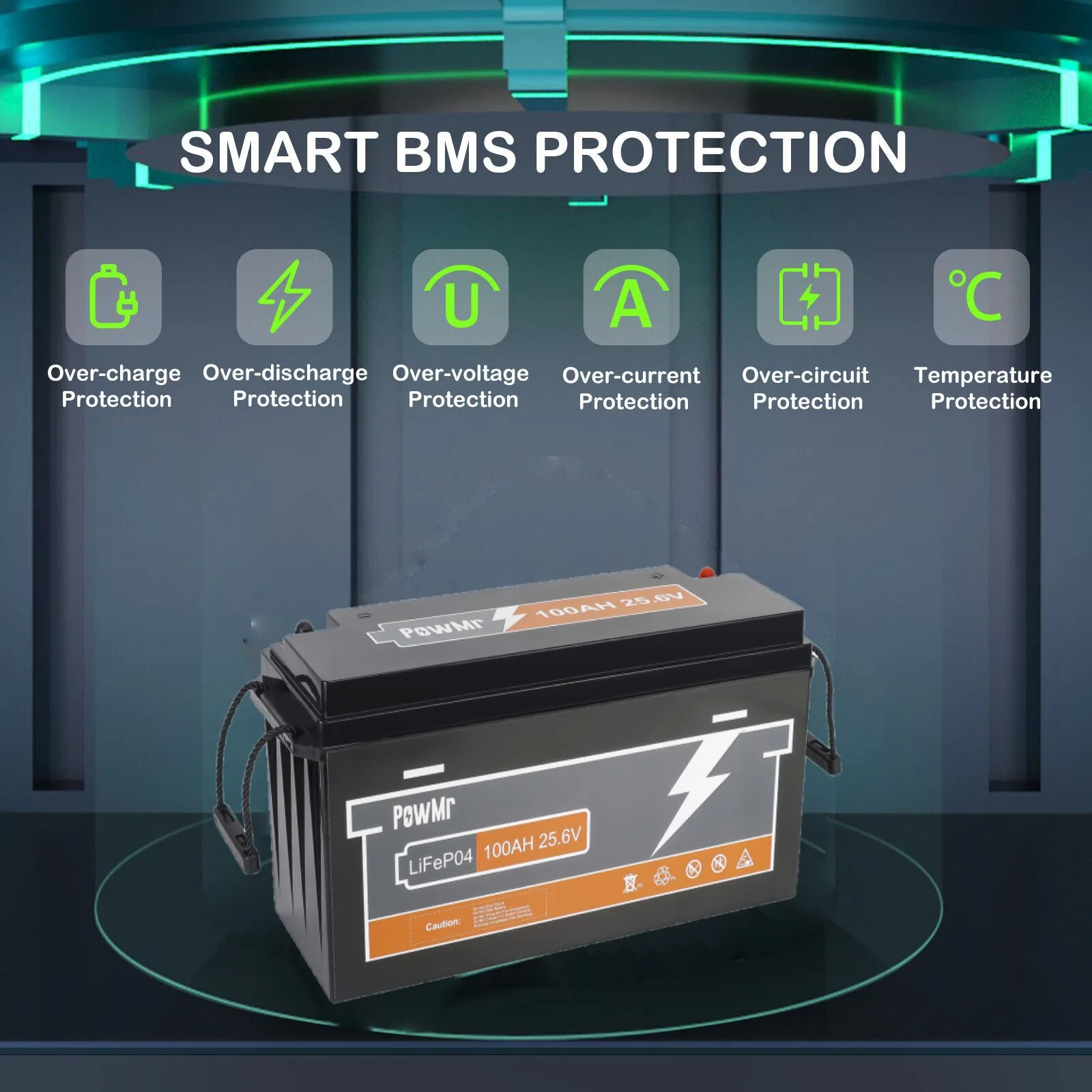 PowMr 100AH LiFePO4 Battery 12V/24V BMS Lithium Iron Phosphate Battery Pack Built-in BMS 6000+ Cycle RV Boat Solar Energy Supply