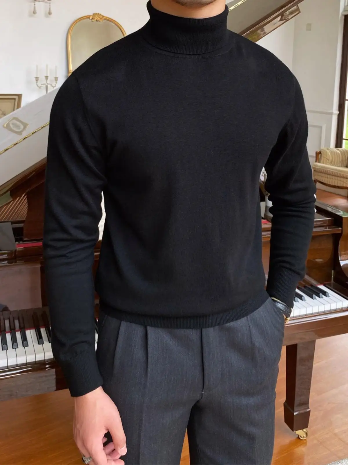 Suéter Masculino de Gola Alta, Quente, Ajuste Slim, Cor Pura, Estilo Coreano, Versátil, Nova Chegada para Outono e Inverno