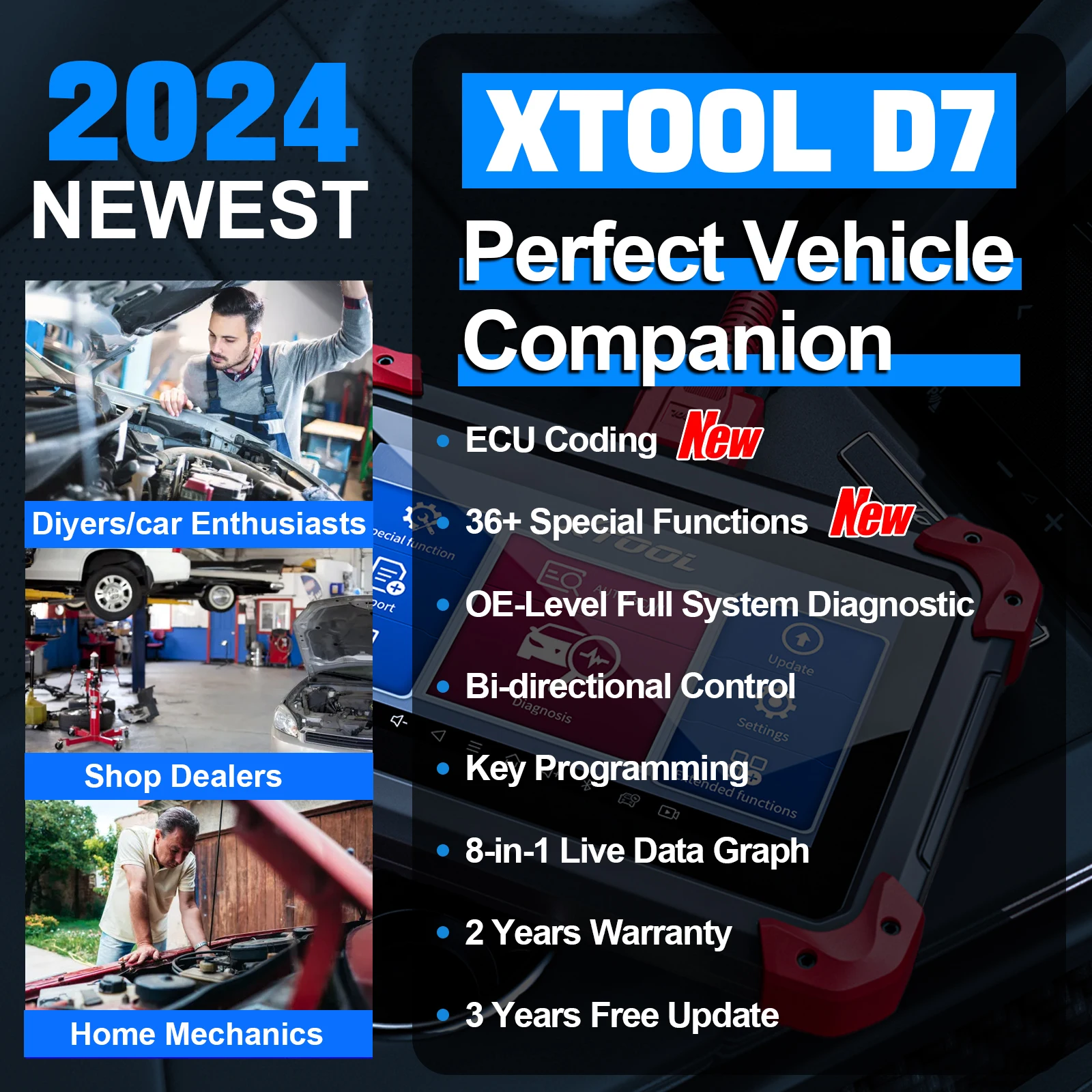 Herramientas de diagnóstico de coche XTOOL D7 OBD2, escáner automotriz bidireccional, actualización gratuita de 3 años, CAN FD Ecu integrado,