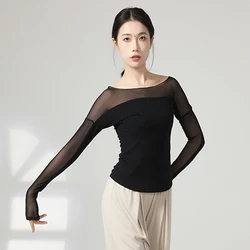Modern Dance Tee Top Women Mesh Spliced Long Sleeve Elegant Shirt Blouse Dancing Performance Practice Outfit Yoga Casual Clothes