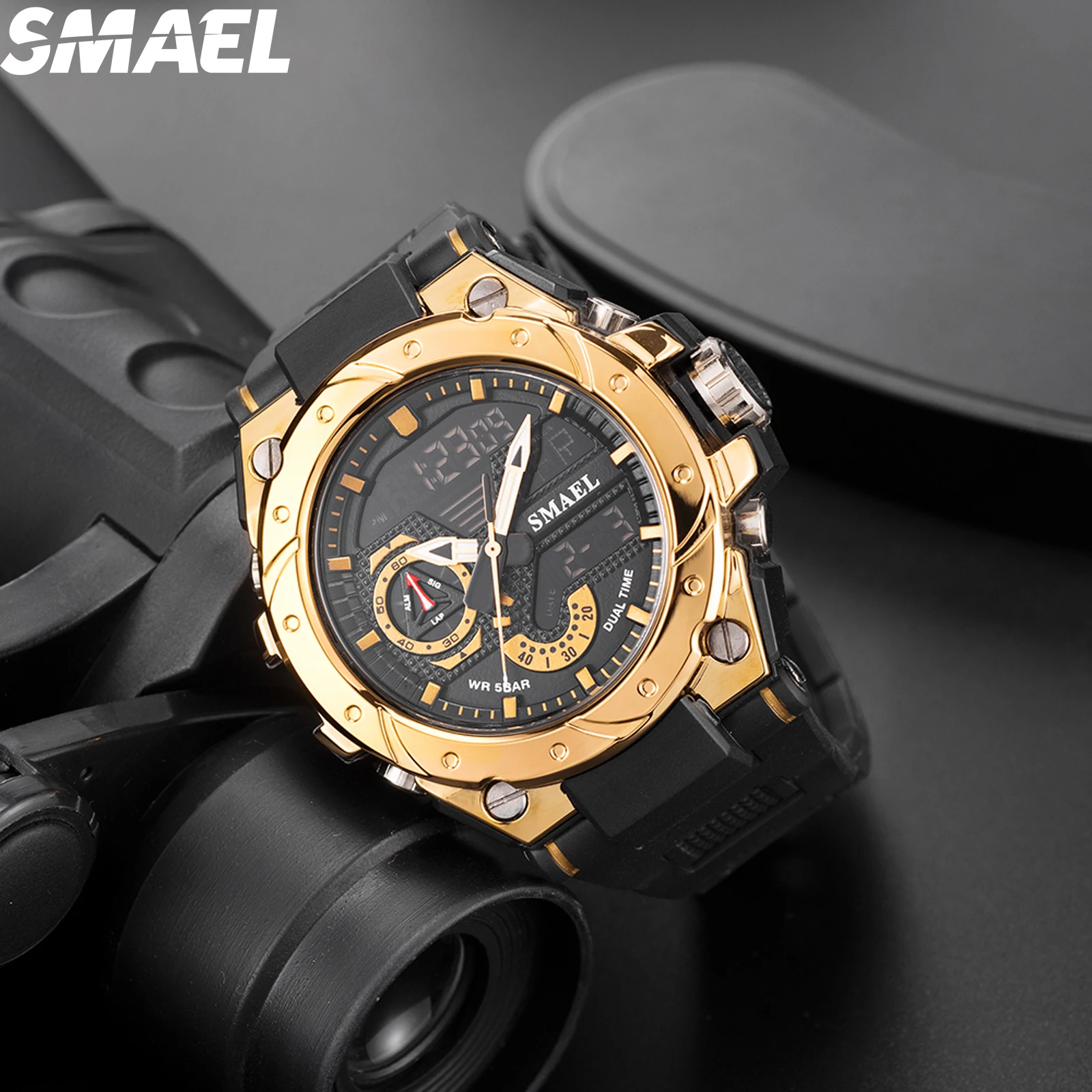 SMAEL-reloj deportivo de cuarzo para hombre, cronógrafo con pantalla LED, resistente a los golpes, despertador, analógico, resistente al agua hasta 50M, 8060