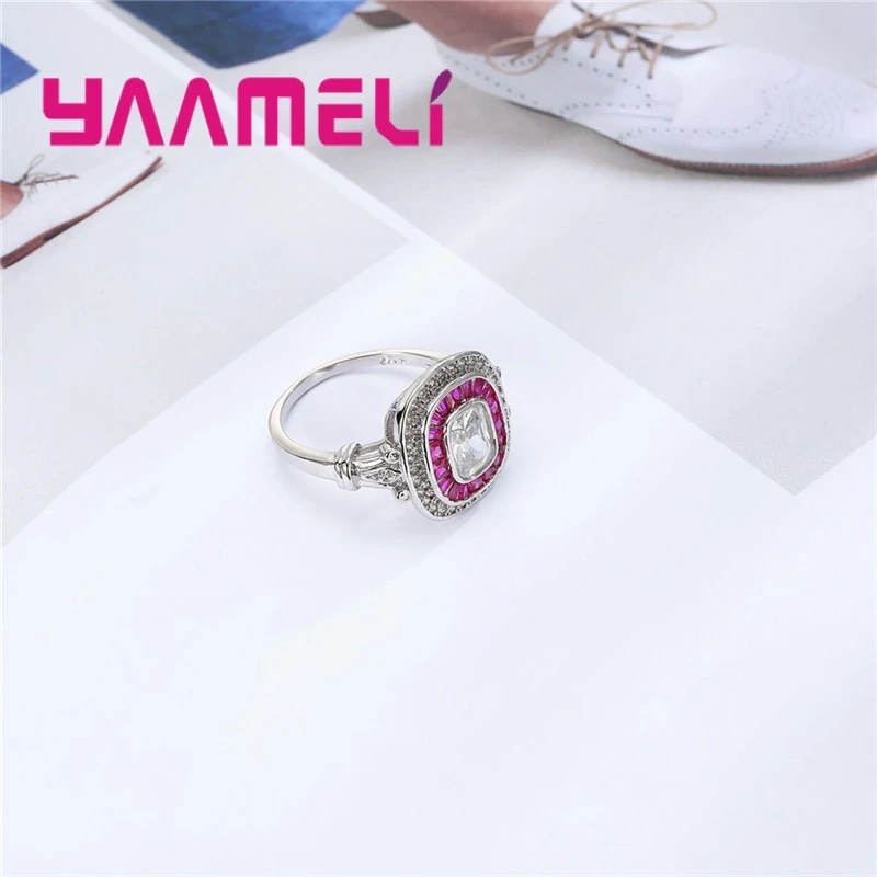 Wide Face Ring 925 Sterling Silver Luxury Pop Style Embellished White Crystal Fuchsia Petal Shape Wedding Girl