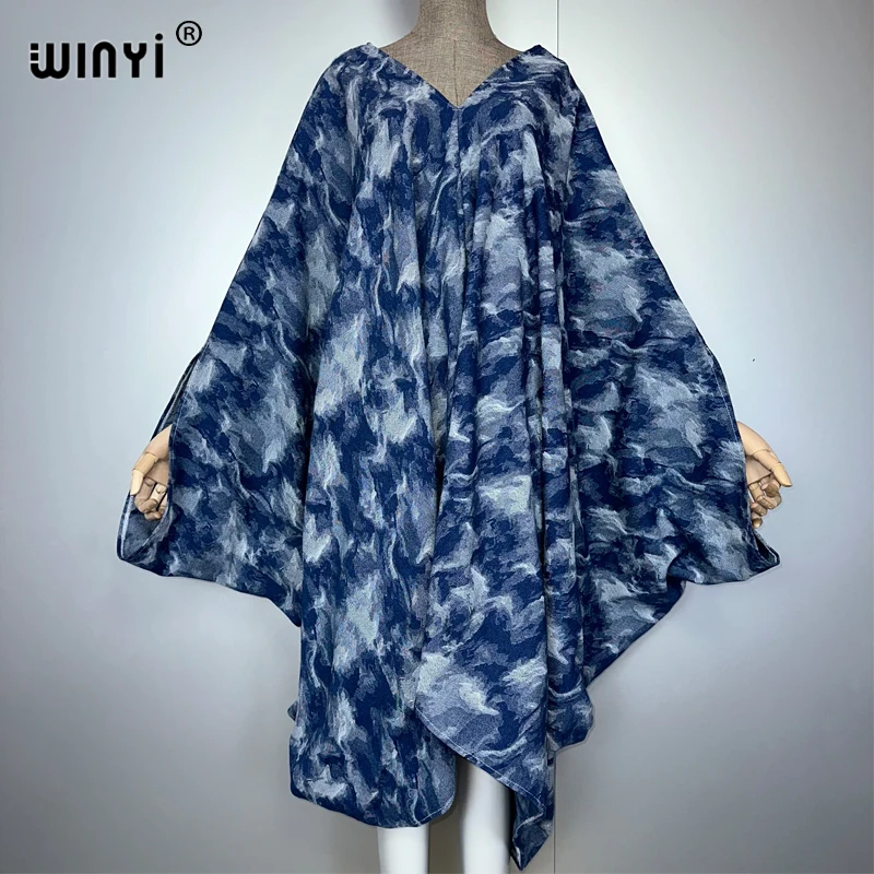 

WINYI Original V neck print denim fashion short dress New Fashion Africa Womens party holiday Casual Maxi beach dress kaftan