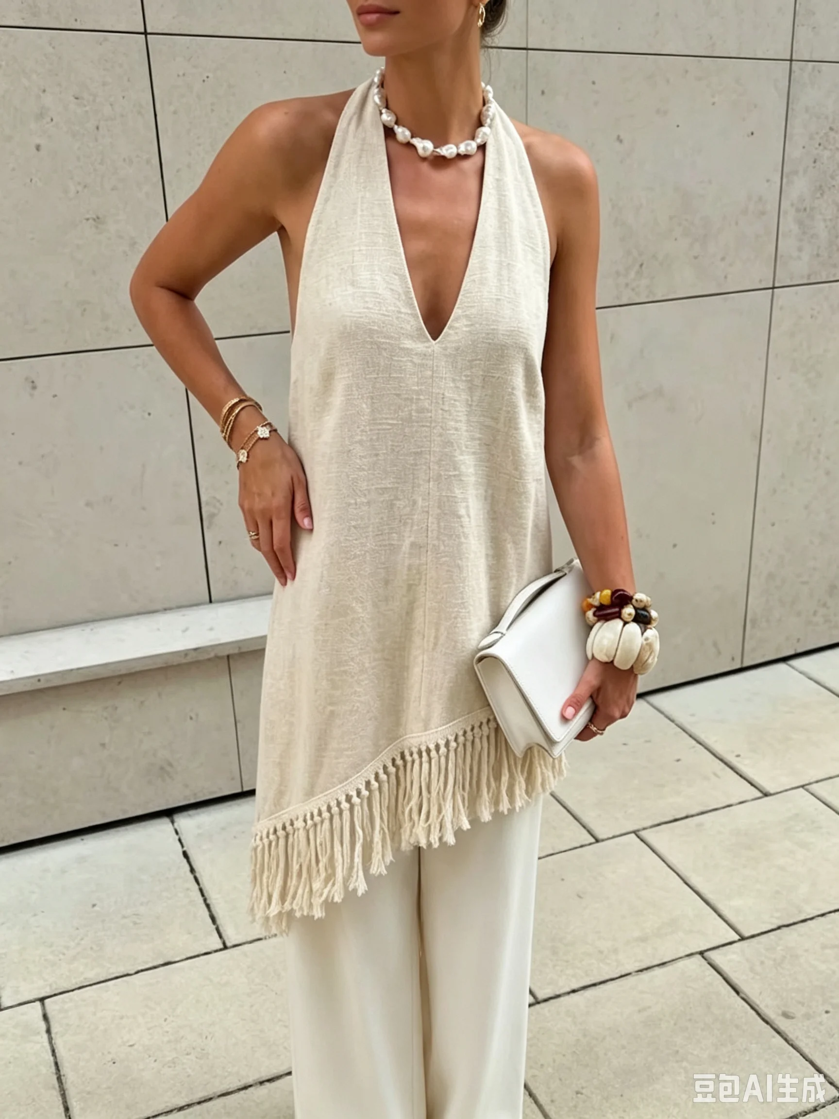 2026 Summer New Stylish Vacation Style Loose Halter V-Neck Tassel Irregular Top