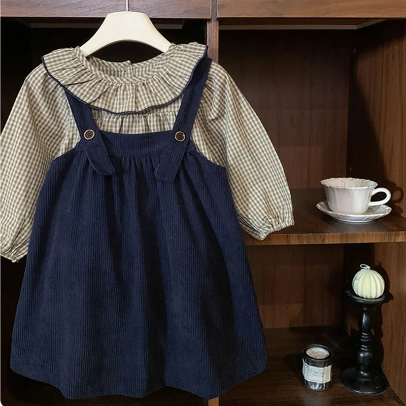 Dark Blue Corduroy Little Girls Jumper Dress Autumn Spring Suspender Toddler Corduroy Dresses With Plaid Blouse  2 To 8 Years