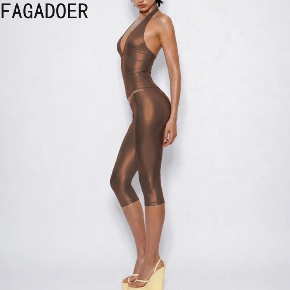 FAGADOER Women Metallic Two Piece Set Halter Deep V Top Low Rise Capri Pants Sexy Bodycon Y2K Party Clubwear Outfit - view 3