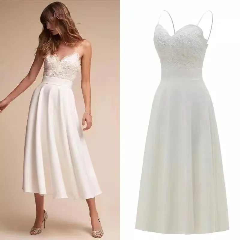 2024 Travel photo light wedding dress new summer fresh and simple style white suspender small bridesmaid dress