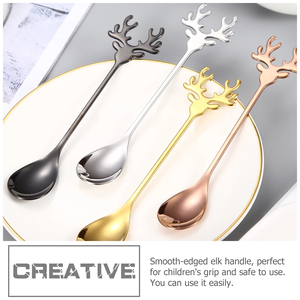 

4pcs Stainless Spoon Tea Spoons Vintage Party Stirring Soup Desert Elk Casserole RustProof Kitchen Bar
