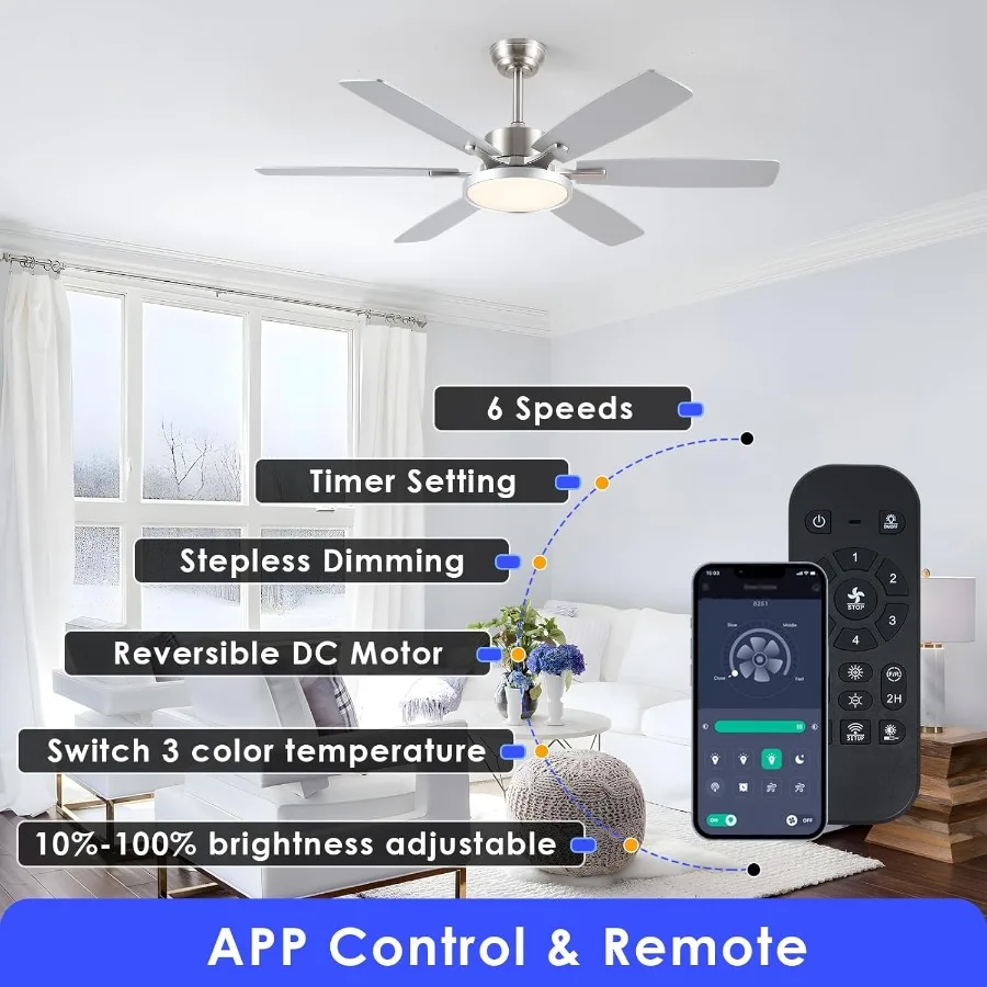 مروحة سقف حديثة مقاس 52 بوصة مع جهاز تحكم عن بعد مدمج وجهاز تحكم في التطبيق لغرفة النوم وغرفة المعيشة، تصميم مثبت على السطح يتميز بتيار مستمر R #3