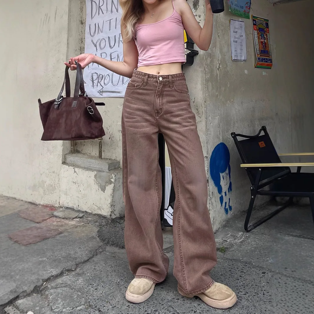 

Джинсы, широкие брюки, женские джинсы, уличная одежда 2025, со средней талией, потертые потертые карманы, женские свободные брюки длиной до пола