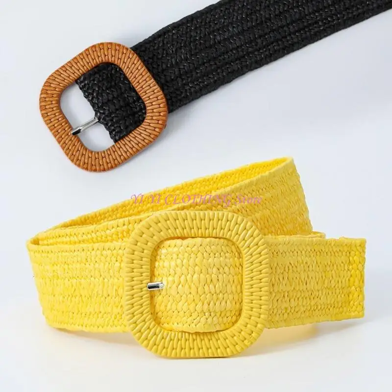 N5KF Vintage Bohemian Straw Braided Wide Belt for Women Colorful Buckle Ladies Dress Belt Fashion Female Strap Accessories