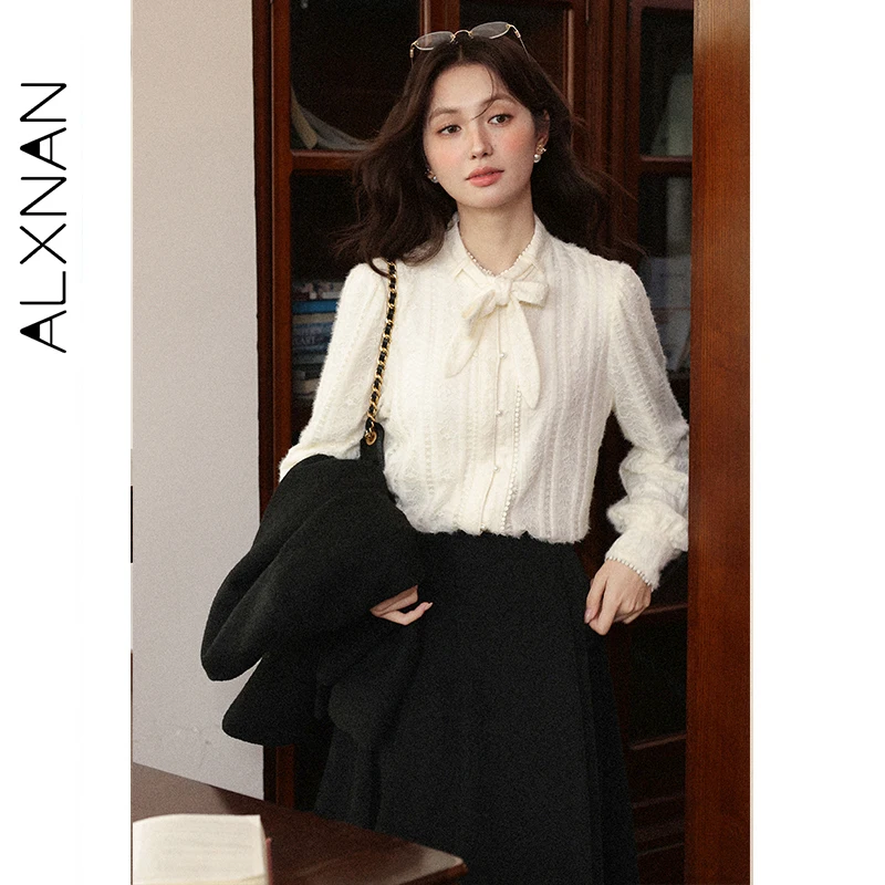 

ALXNAN Apricot Long Sleeve Shirt Women New Loose-fit Office Lady Blouses Fall Casual Elegant Pearl Button Tops with Tie L57823