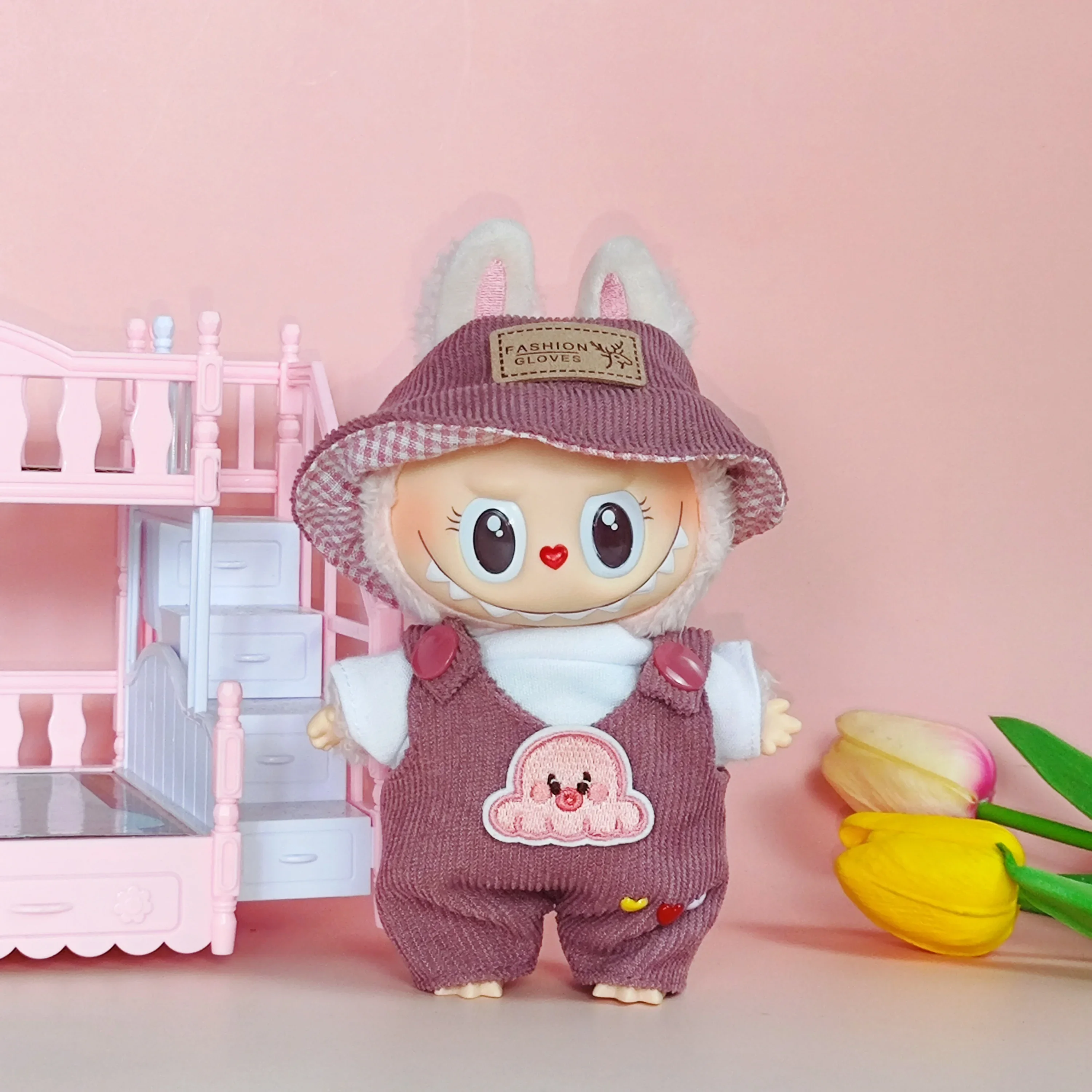 مجموعة ملابس لدمية لابوبو قميص أبيض لطيف وقبعة على شكل حيوان