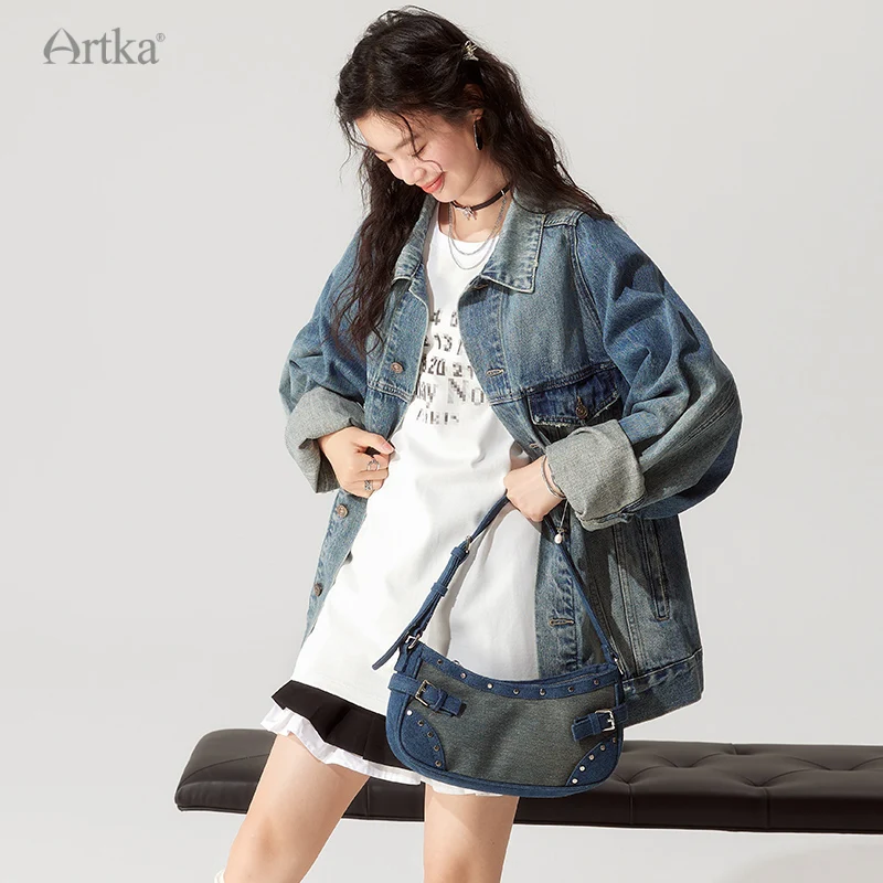 ARTKA 2023 Autumn New Women Denim Jacket Fashion Casual Streetwear Jackets Oversize Vintage Washed Denim Jacket Coat WN92337Q