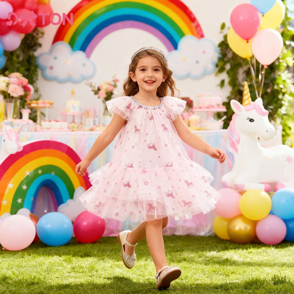 DXTON, vestido de princesa rosa de gasa para niños, corte en A, verano sin mangas, disfraces de fiesta de cumpleaños para niños, vestido de malla de unicornio para niñas