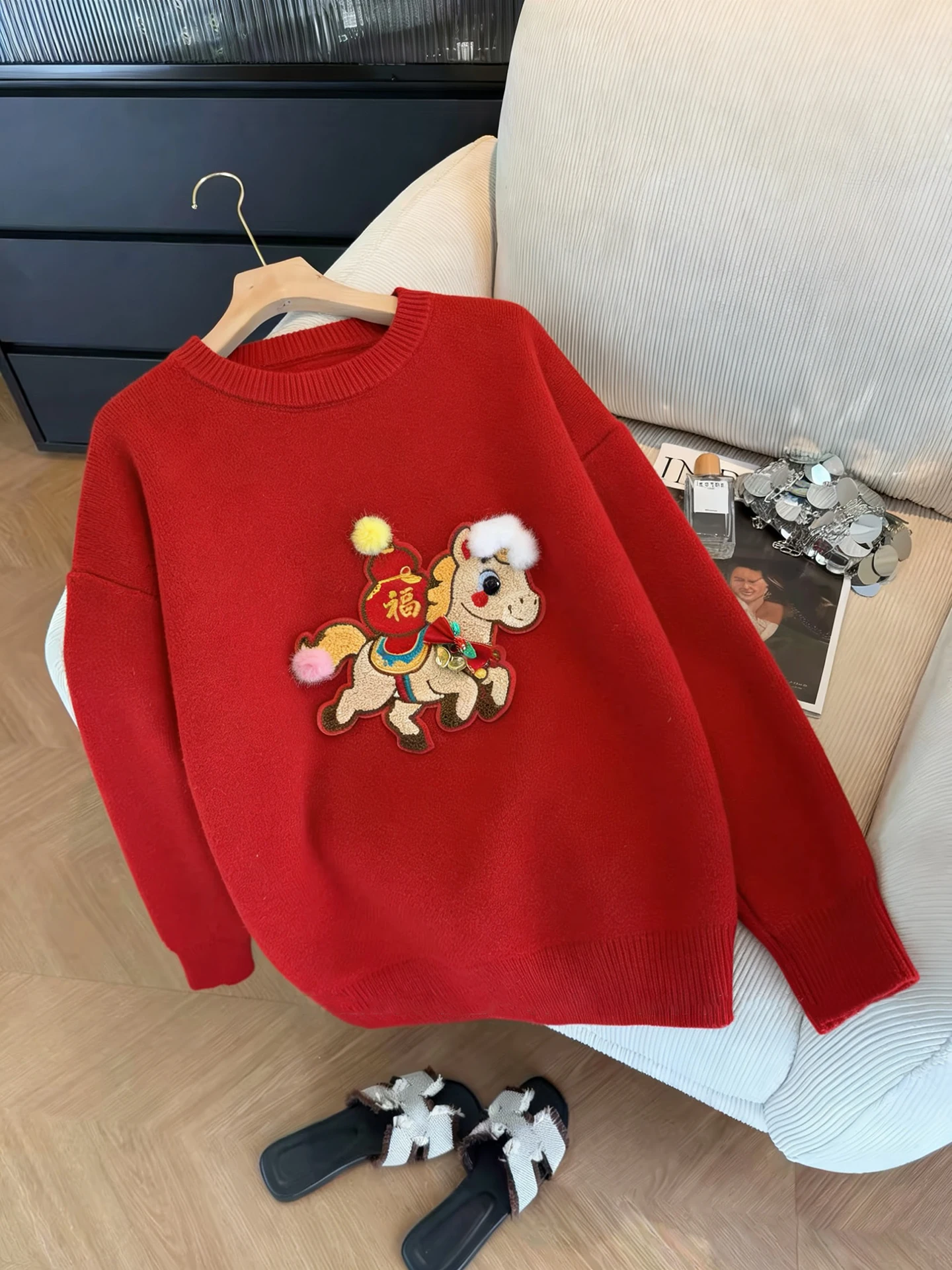 

New Year Aosphere Red Embroidered Loose Knitted Sweater Women's Spring Autumn Design Casual Sle Faionable Top