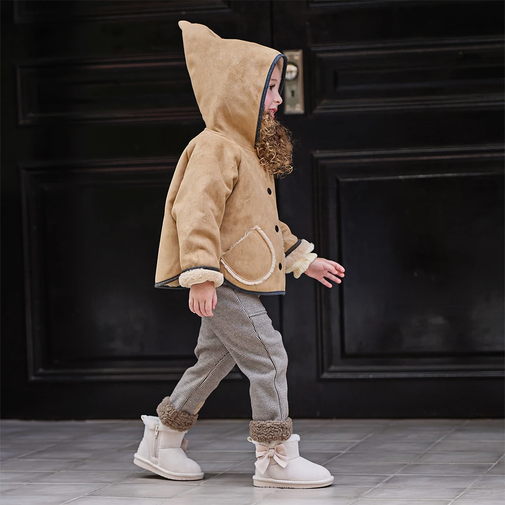 Dave Bella Girls' Suede Coat Autumn Winter Children's Thick Warm Coat Baby Hooded Jacket Outside Children's Clothing DB4254948