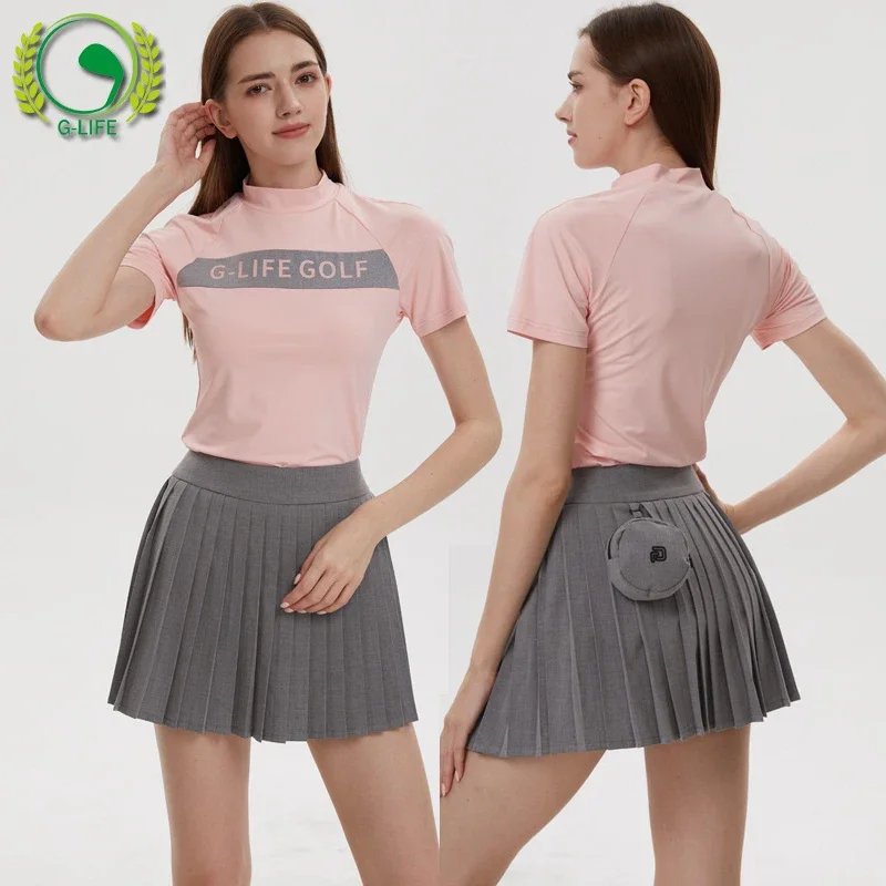 

G-Life Golf Ladies Clothing Short Sleeve Quick-dry Tops Round Neck Letter Print T-shirt Women High-waisted Skirt with Small Bag