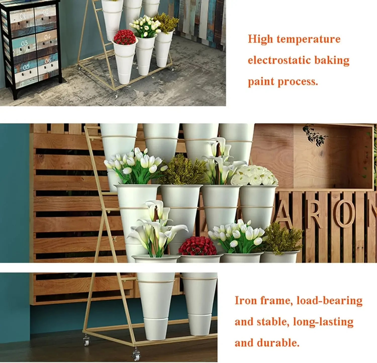 Stand Pajangan Bunga, Rak Gerobak Tanaman Bergerak Tugas Berat 3 Lapis Dengan Roda dan Ember