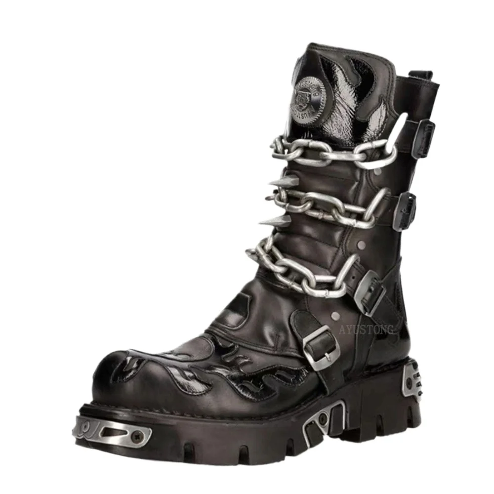 

Fashion Men's Punk Motorcycle Boots Metal Thick Sole Goth Skull Buckle Mid-Calf Combat Boots Zip Round Toe Women Western Boots