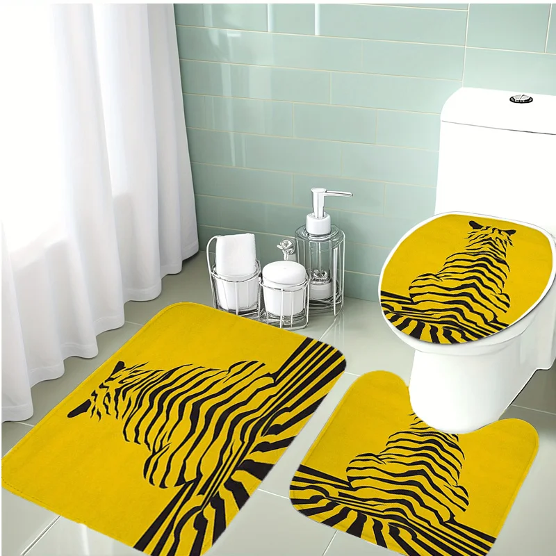 

3pcs Yellow Black Tiger Print Bath & Toilet Cover Compatible for Tiger Pattern Bath Mats - Soft Non-Slip Bath, Machine Washable