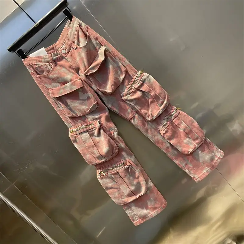 Retro Pink Camouflage Pants Punk Harajuku Baggy Jeans Multi Pocket Hottie Overalls Trousers Hip Hop Fashion Leisure Streetwear