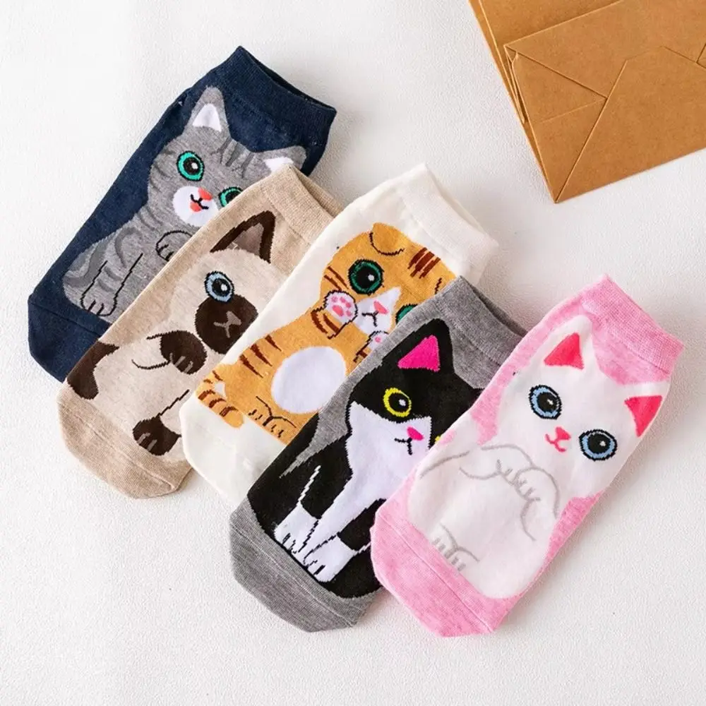 5 Pasang/Set Kaus Kaki Wanita Kucing Lucu Kartun Fashion Kaus Kaki Pergelangan Kaki Kasual Sejuk Kawaii Sempurna untuk Kaus Kaki Perahu Sehari-hari