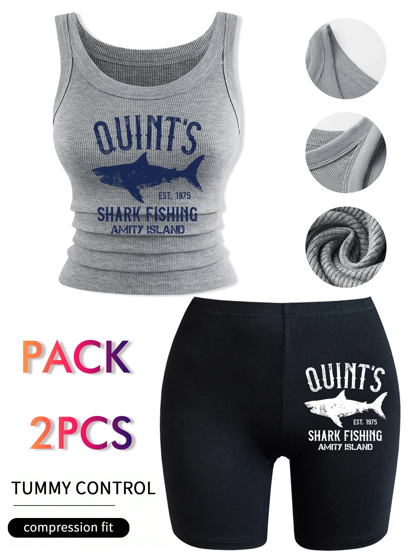 

Комплект женской одежды Quint'S: укороченный топ-камизоль с принтом «Остров Амили» и летние шорты-леггинсы Y2K из хлопка с круглым вырезом, облегающие, эластичные