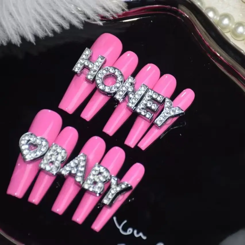 Hand-made bling bling hongy baby long pink nails press on nails nail tips