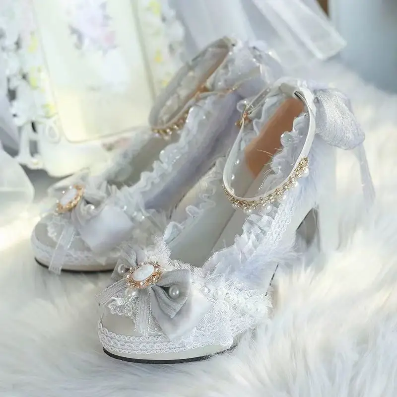 

New original handmade Lolita high heels bar Mitzah thick heel round head Lo shoes gorgeous elegant flower wedding