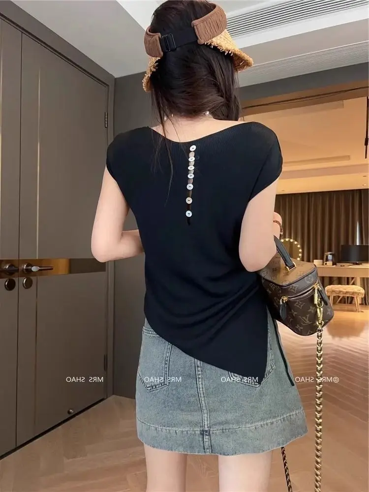Summer Y2k Clothing Hollow Out Back Design Top V-neck Slim T-shirt Sleeveless New Solid Ice Silk Knitwear Women Pullover Chic