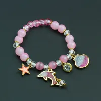 Metal Star Shell Dolphin Charm Pink Beaded Bracelet Girls Sweet Summer Handmade Elastic Bracelet Ocean Blue Color Lovely Jewelry