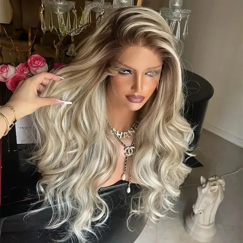 

Новый натуральный волнистый синтетический парик для тела, карамельно-коричневый, темные корни, парики высокого качества, термостойкое волокно, женские парики