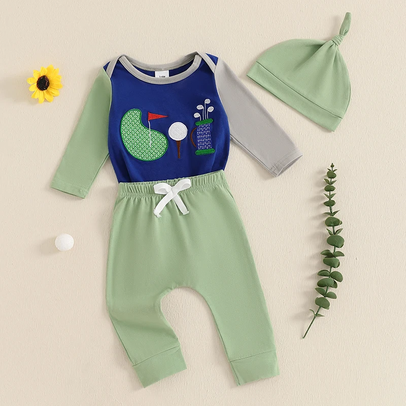 Baby Boys Fall Outfits Golf Embroidered Patchwork Long Sleeve Rompers Long Pants Hat 3Pcs Clothes Set