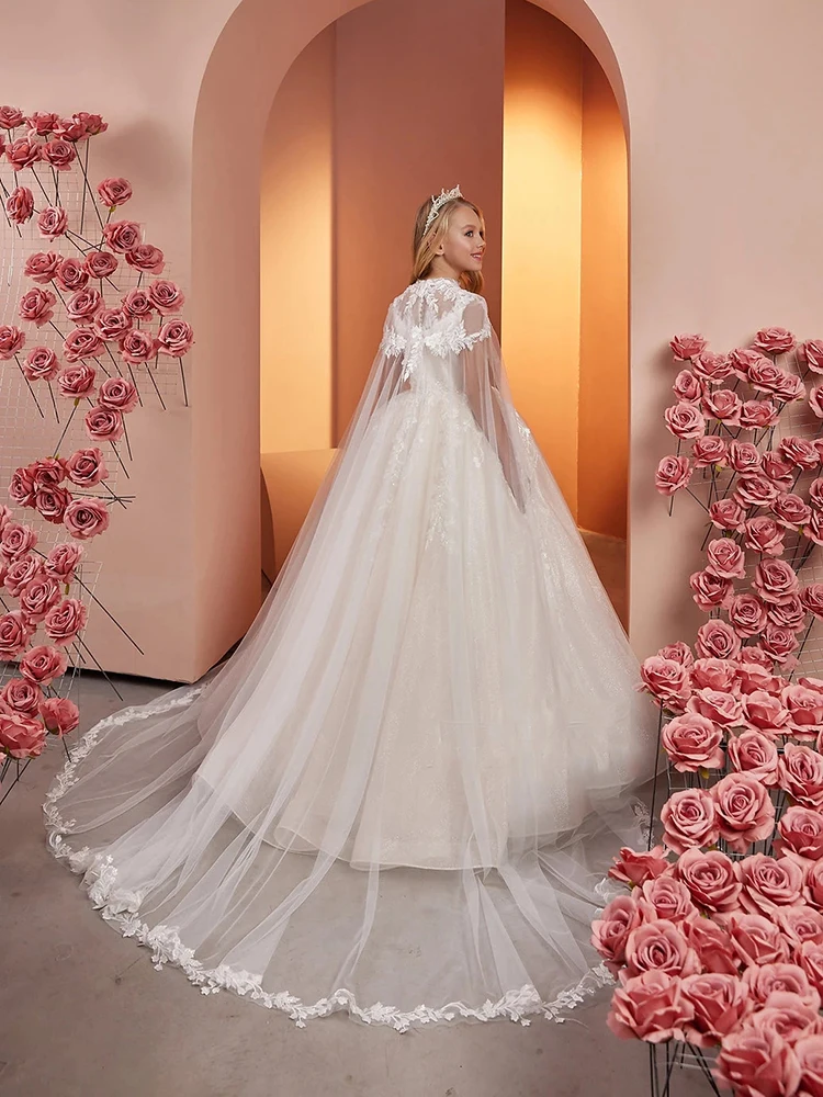 Blumenmädchenkleid aus Spitze, Tüll, für Hochzeit, ärmellos, mit Umhang, bauschig, glänzend, elegant, Prinzessin, Erstkommunion, Geburtstagskleider 2024