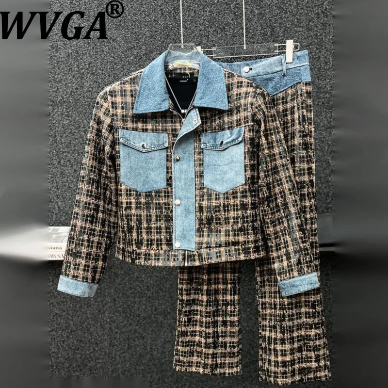 

WVGA весна осень новый мужской клетчатый модный комплект из двух предметов лоскутные джинсовые короткие куртки нишевые шикарные повседневные широкие брюки Ins W13582