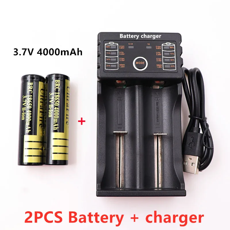 Batterie Lithium-ion Rechargeable Avec Chargeur, 3.7V, 4000mAh, 18650