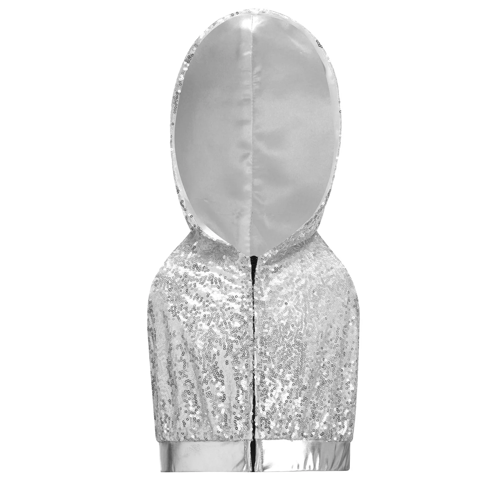 سترة قصيرة بقلنسوة لرقص الجاز على طراز الهيب هوب للأطفال البنات بدون أكمام وسحّاب مكشوف الظهر ملابس علوية لامعة بالترتر ملابس رقص للمدرسة ملابس خروج