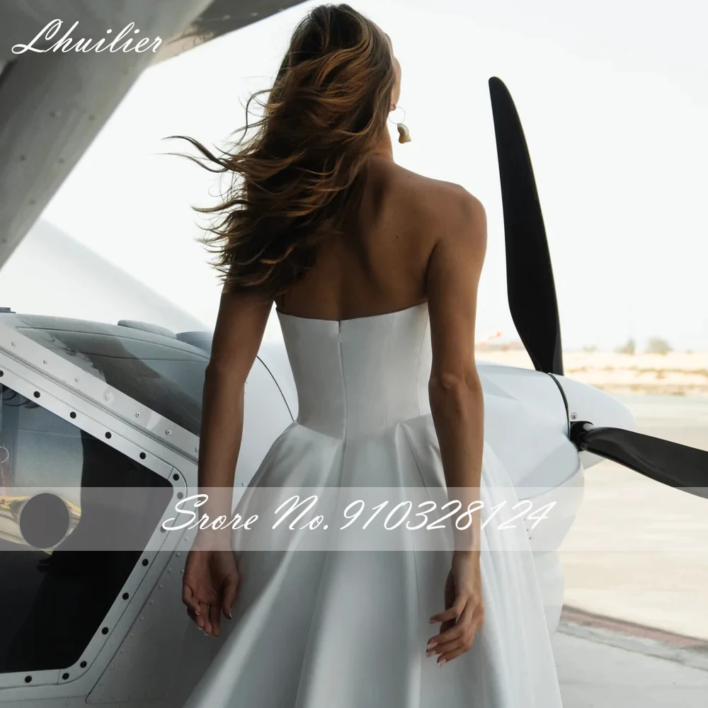 Lhuilier مخصص ألف خط فساتين الزفاف الساتان حمالة فساتين الزفاف بلا أكمام مع قطار مصلى