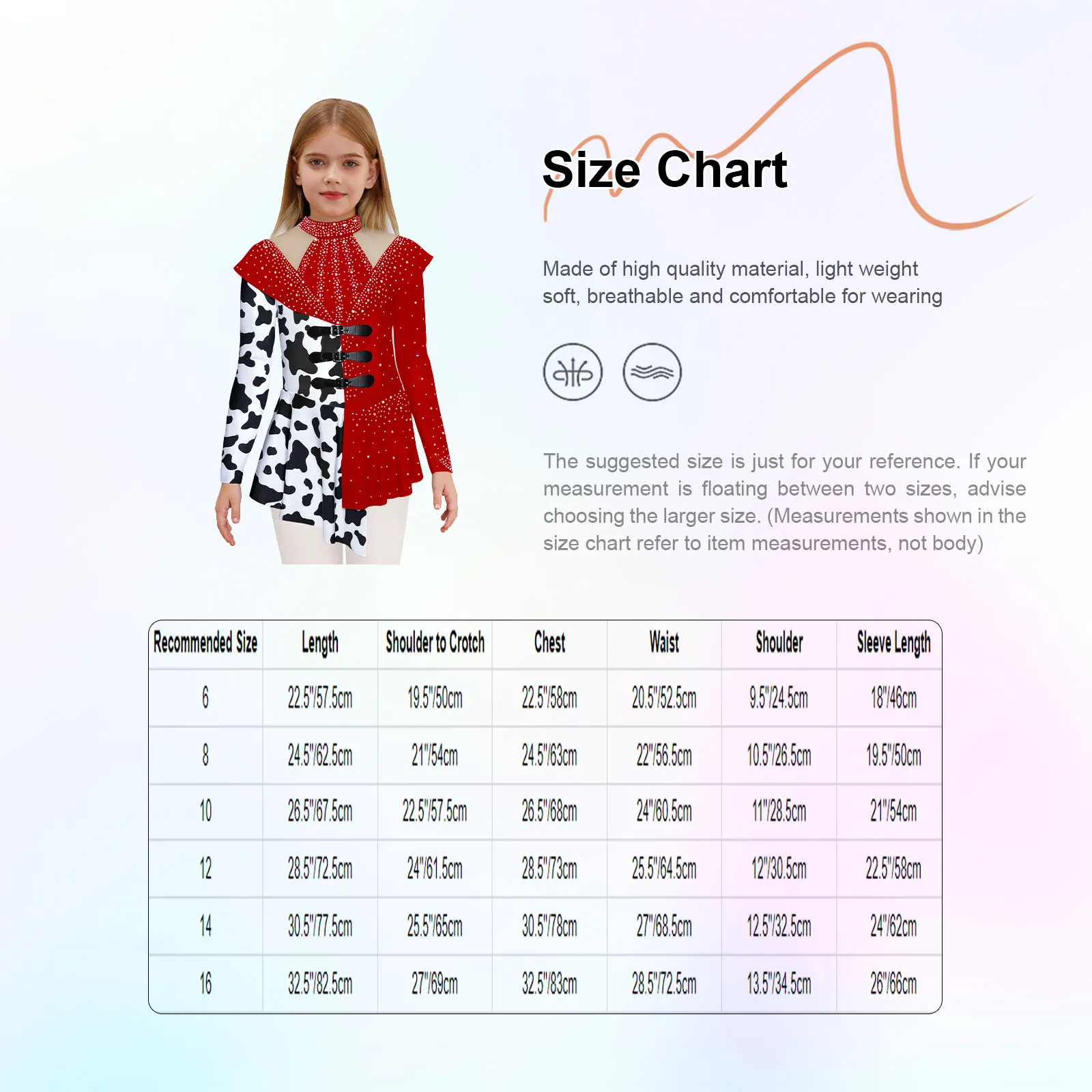 فستان بناتي للتزلج على الجليد والجمباز وأداء الرقص بأكمام طويلة وطبعة بقرة من حجر الراين لحفلات الهالوين